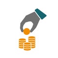 Hand puts coins. Money financial success. Give money, return credit, pay debt. Hand with coin icon flat Ã¢â¬â vector